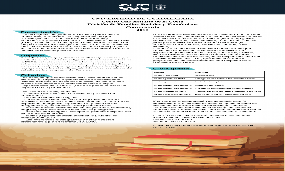 La División de Estudios Sociales y Económicos del Centro Universitario de la Costa, lanza convocatoria 2019