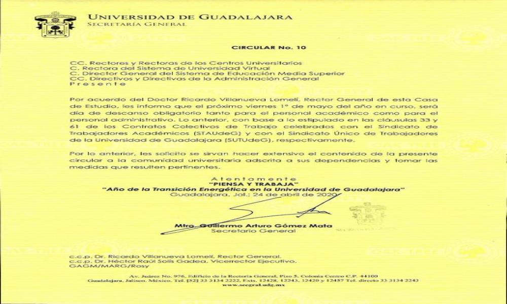 Circular Nº 10 Día 1º de Mayo del año en curso, descanso obligatorio