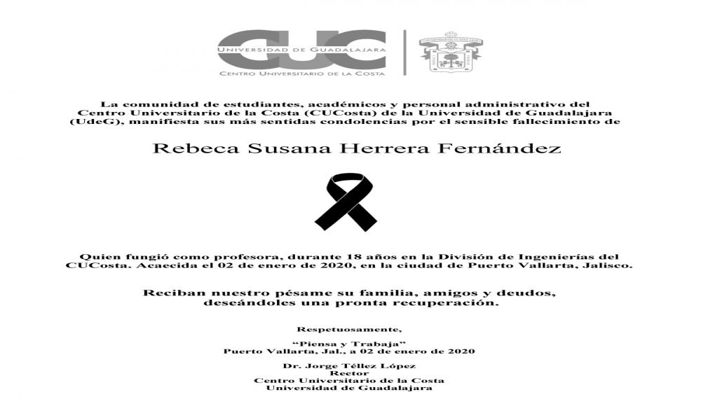 El CUCosta manifiesta sus más sentidas condolencias por el sensible fallecimiento de la Profesora Rebeca Susana Herrera Fernández