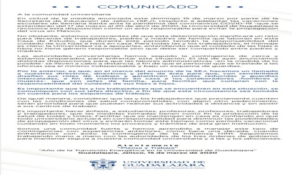 COMUNICADO DEL 15 DE MARZO 2020