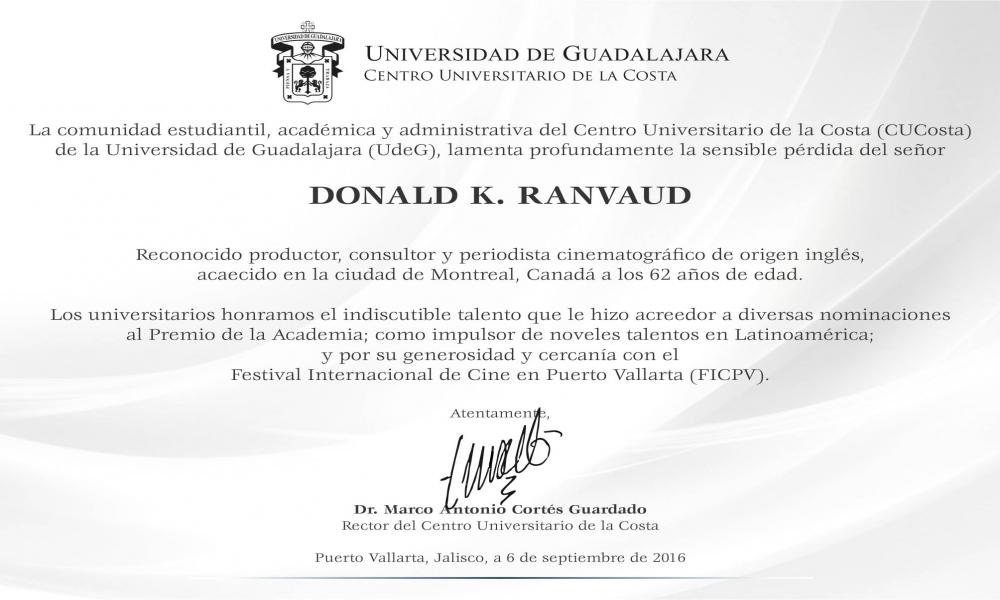 Lamenta CUCosta fallecimiento de Donald Ranvaud