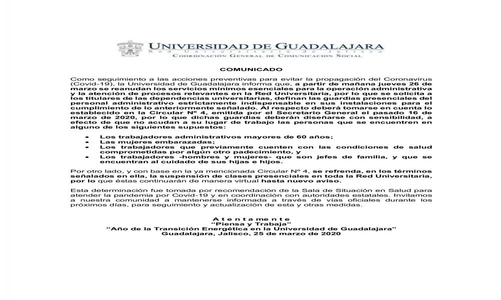UdeG Reanudará Servicios Esenciales Administrativos y Atención de Procesos Relevantes en la Red Universitaria