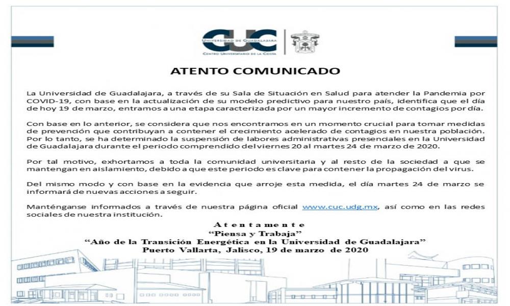 Suspensión de Labores Administrativas Presenciales en la Universidad de Guadalajara