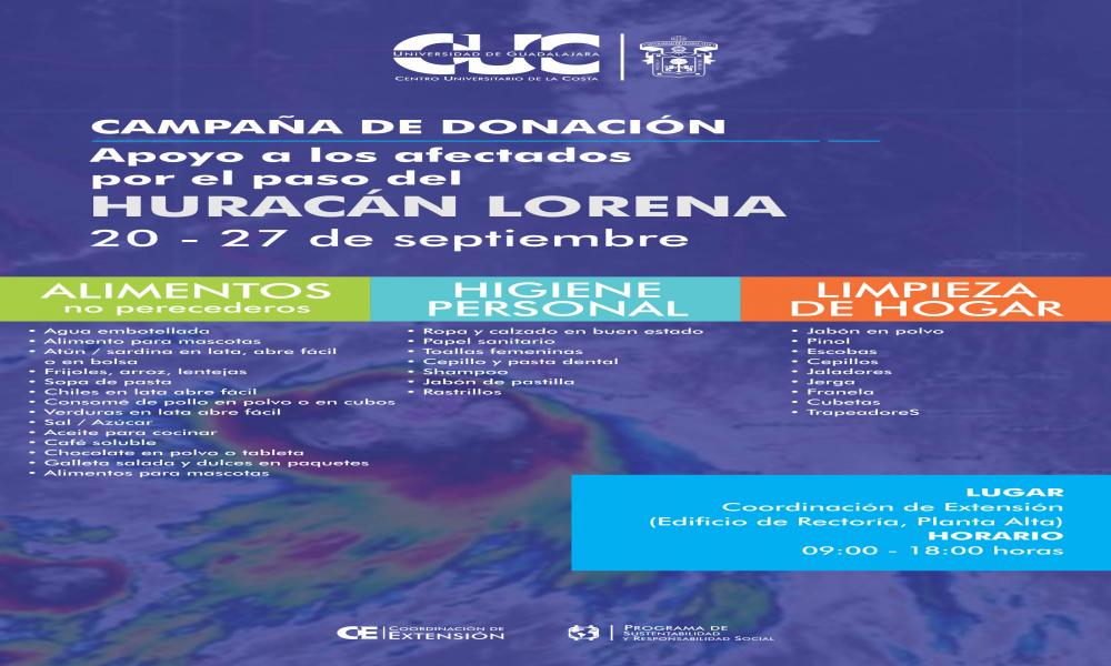 CUCosta instalará un centro de acopio con el fin de apoyar a los afectados por el paso del huracán Lorena.