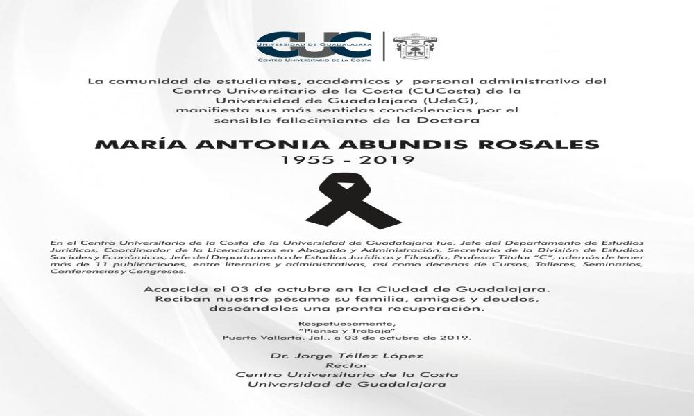 El CUCosta manifiesta sus más sentidas condolencias por el sensible fallecimiento de la Doctora María Antonia Abundis Rosales
