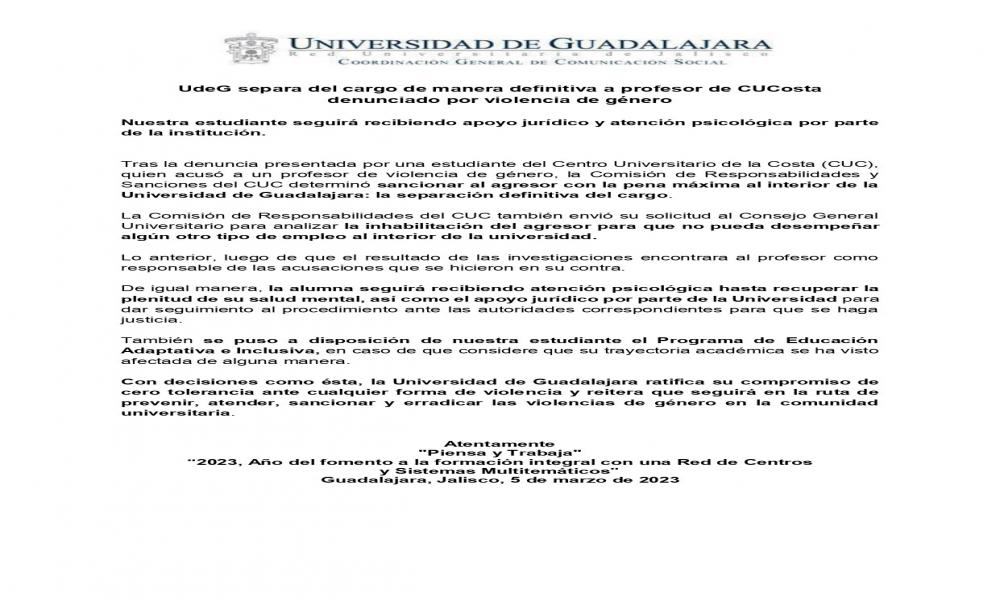 UdeG separa del cargo de manera definitiva a profesor de CUCosta denunciado por violencia de género