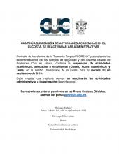 CONTINÚA SUSPENSIÓN DE ACTIVIDADES ACADÉMICAS EN EL CUCOSTA, SE REACTIVARÁN LAS ADMINISTRATIVAS